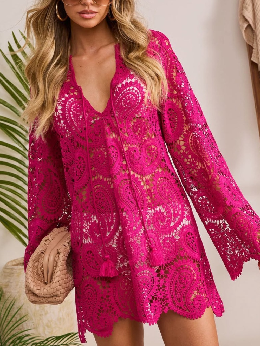 Vici Fuchsia Paisley Lace Crochet Long Sleeve Swim Cover-Up Mini Dress Front Tie